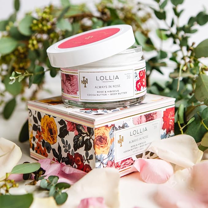 LOLLIA Always in Rose Body Butter, 5.5 oz. - Rose & Hibiscus Fragrance β Shea Butter & Cocoa Butter, Body Lotion for Women, Hydrating & Smooth Body Moisturizer