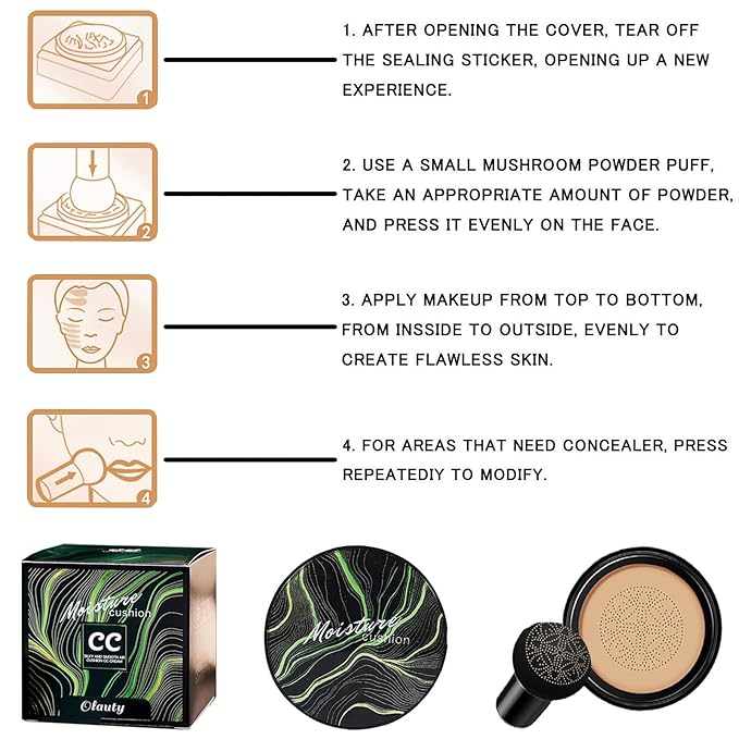 Mushroom Head Air Cushion CC Cream Foundation, BB Cream Concealer Lasting Makeup Foundation, Waterproof Oil Control Long-Lasting Nude Makeup, Even Skin Tone Primer