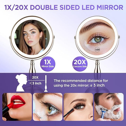 20x Magnifying Mirror with Light, Lighted Makeup Mirror with 3 Color Modes and Adjustable Brightness, Side Charging Port & SideTouch Sensor, 360Β° Rotation Double Sided Standing Mirror-Brushed Nickel