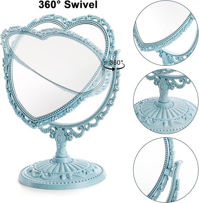 DEAYOU 4 Pack Heart Shaped Cosmetic Mirror, Vintage Vanity Tabletop Mirror with Double Sided, Rotatable Dresser Mirrors with Stand for Makeup, Girl, Women, Beauty, Spa Party, 4 Color