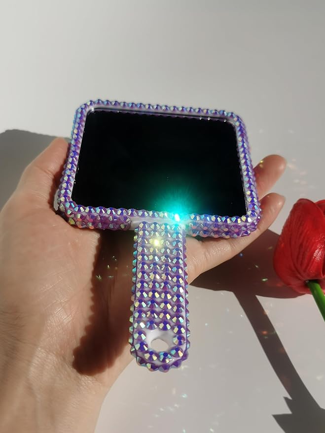 Sparkling Rhinestone Handheld Mirror Bling Hand Mirror Adorable Decorative Cosmetic Hand Mirror with Handle Glitter Makeup Mirror, Meaningful Gifts for Women Girls Purple