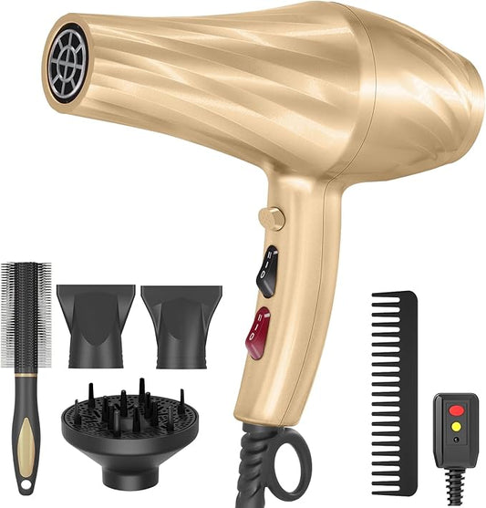 Ionic Hair Dryer,2400W Negative Ion Low Noise Hair Dryer Professional Fast Drying Hair Dryer with 2 Speeds, 3 Heat Settings, Cooling Button,with Diffuser for Curly and Straight Hair(Champagne Gold)