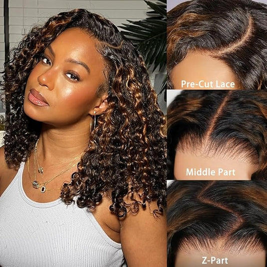 Glueless Wigs Human Hair Pre Plucked Pre Cut 1b/30 Lace Front Wigs Human Hair Wear And Go Ombre Curly Bob Wig 7x5 Lace Closure Wig Pre Everything Highlight Deep Wave Wig Human Hair 180% Density 12inch