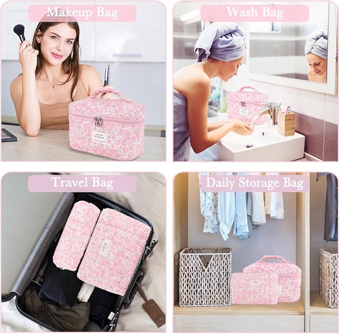 3Pcs Cotton Quilted Makeup Bag Set,Large Floral Cosmetic Bag,Aesthetic Toiletry Travel Makeup Bag Set and Cute Flower Bag for Women Girls (Pink Flower)