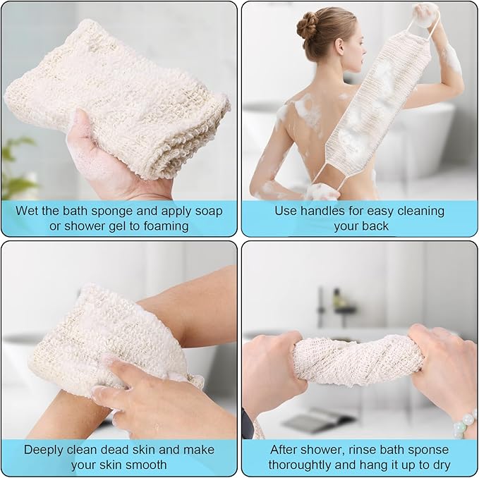 Sisal Exfoliating Washcloth Loofah Back Washer Scrubber for Men and Women, Thickness 0.2" Double Layer Double Sided Shower Scrub Bath Straps, Natural Hemp Net Sponge Exfoliating Towel with Handle