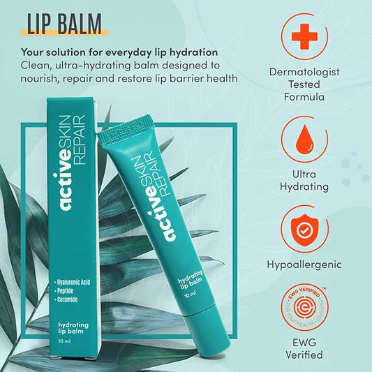 Active Skin Repair Hydrating Lip Balm for Dry Lips, EWG Certified Long-Lasting Moisturizing Lip Balm with Hyaluronic Acid, Peptides, and Ceramides, 10 ml.
