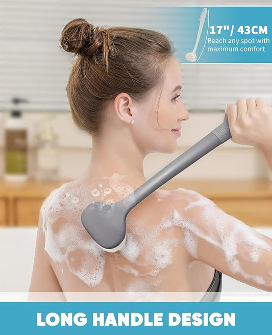 Back Scrubber for Shower with 17" Long Handle, Non-Slip Grip Shower Brush, Moderate Bristles Body Brush for Gentle Exfoliation, Back Brush for Shower Men & Women β Grey