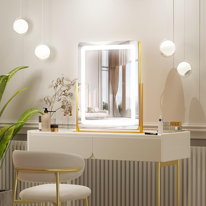 PRIMETEK Vanity Mirror with Lights, 19"x22" Large Makeup Mirror with Lights, LED Lighted Makeup Mirror, Touch Screen with 3-Color Lighting, Dimmable for Vanity Desk Tabletop, Bedroom, Gold