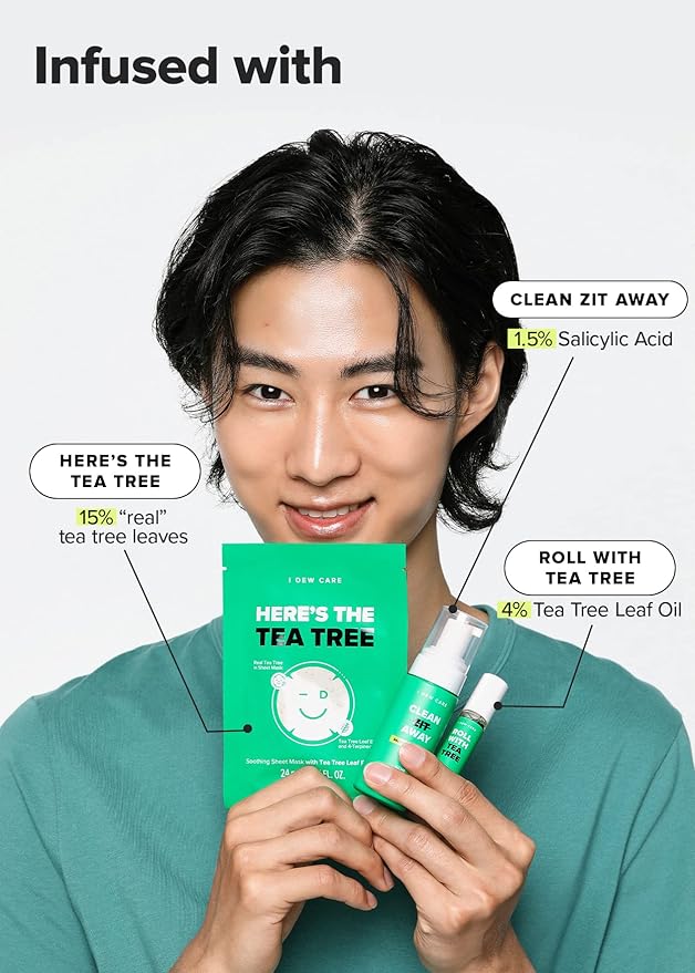 I Dew Care Tea Tree Skincare Set - Tea Tree-O Starter Kit | Salicylic Acid & Tea Tree Oil, Acne Care Treatment, Cleanser, Sheet Masks, and Roll-On Face Oil, Travel Size, TSA Friendly Size