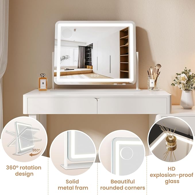 Dripex Vanity Mirror with Lights 24.5"x20" Large Makeup Mirror with Lights USB Charging Smart Touch 3 Colors Dimmable LED Lighted Makeup with Mirror 10X Magnification Phone Holder for Vanity Desk