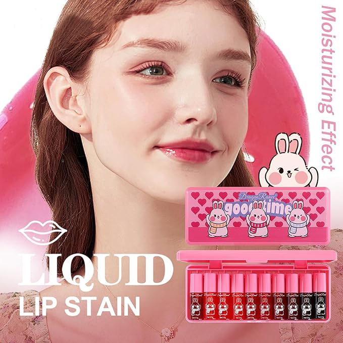 10 Colors Lip Tint Stain Set,Korean Lip Gloss,Watery Lip Stain Mini Liquid Lipstick Waterproof,Moisturizing Lip Stain Set Multi-Use Lip and Cheek Tint,Non-Stick Cup,Lightweight,Vivid Color Lip Makeup