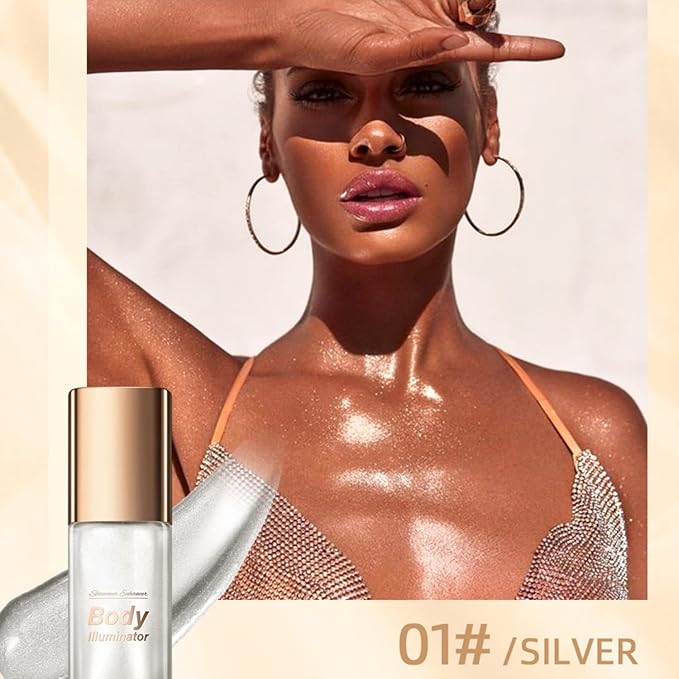 MAEPEOR Body Luminizer 5 Colors Smooth Subtle Shimmer Illuminator Moisturizing Long Lasting Summer Glow for Face and Body (40ML, 01 Silver)