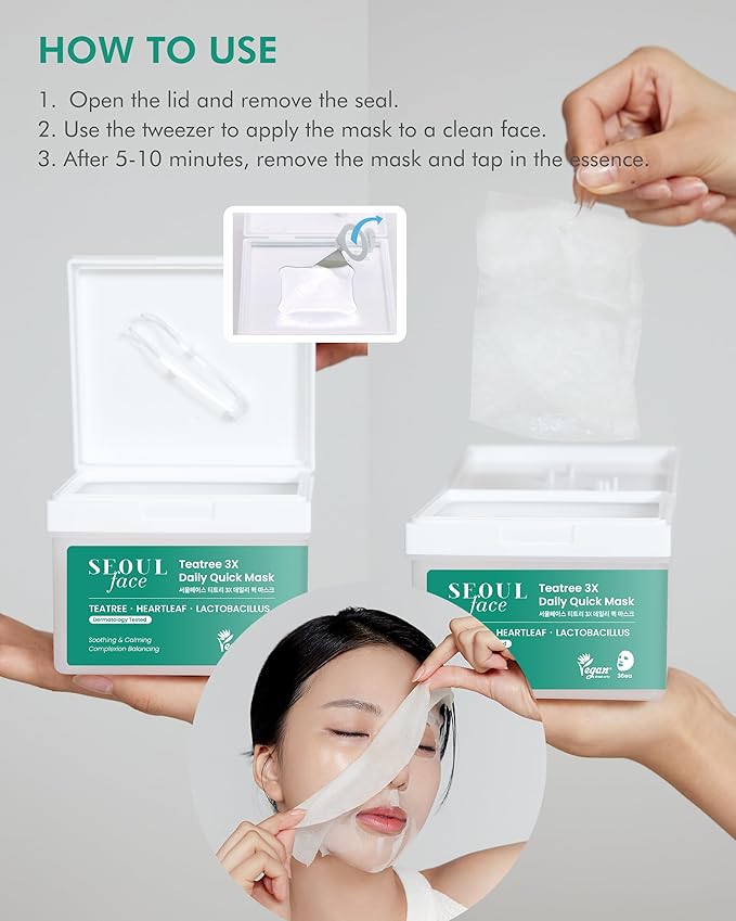 DERMAL Seoul Face Teatree 3X Daily Quick Mask 36 Sheet β Korean Skincare Vegan Tencel Facial Masks - Calming, Soothing, Blemish Control Face Mask Sheets with Heartleaf Extract, Lactobacillus