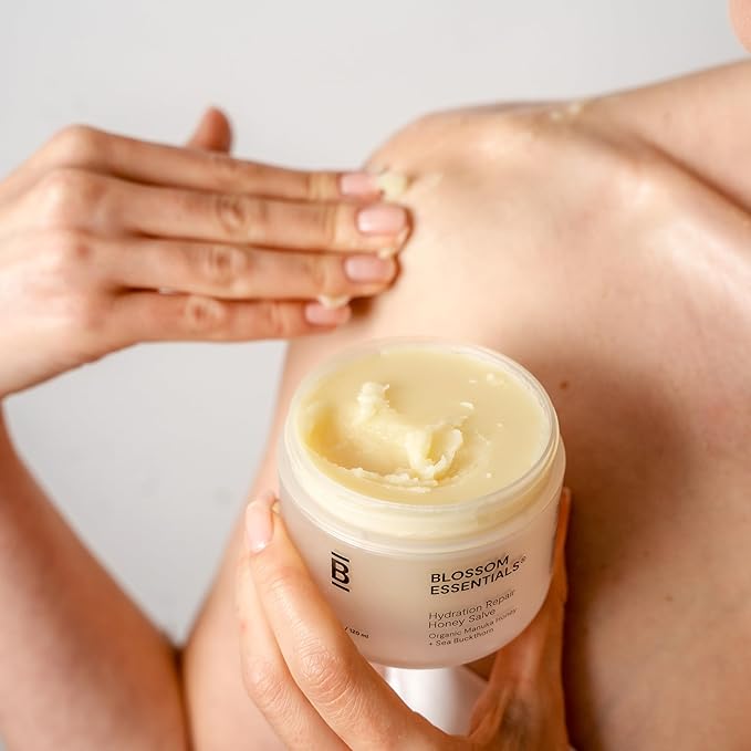 Blossom Essentials Honey Salve - Organic Manuka Honey Hydration Repair - Eczema Relief for Dry, Itchy, Sensitive Skin - Soothing Moisturizer & Balm for Kids, Adults - Made in USA - 4oz