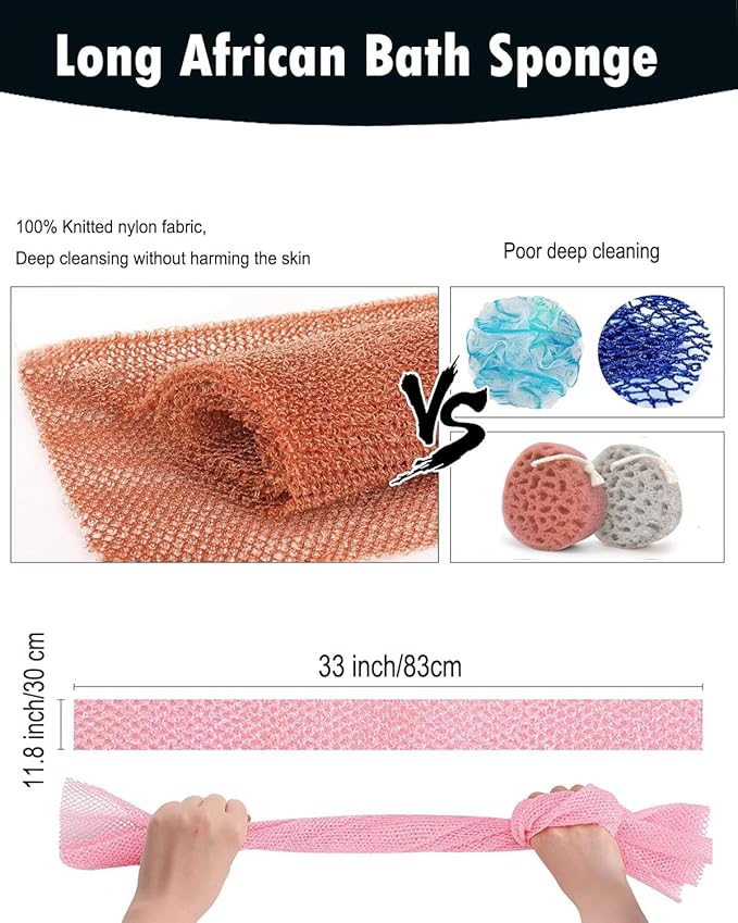 4 Pieces African Exfoliating Net Sponge, 33 inch Long Bathing Sponge Shower Body Scrubber Net for Back Skin Smoother, Daily Use (Black/Blue/Brown/Beige)