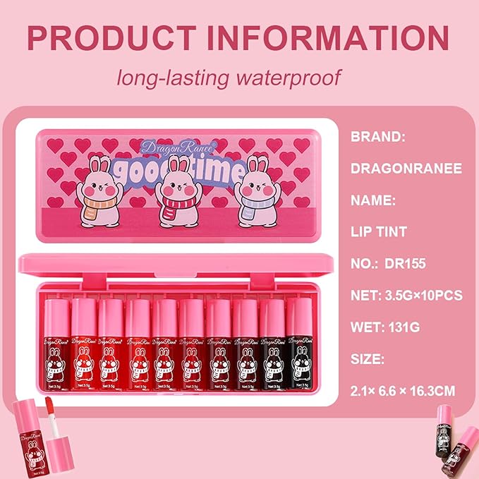 10 Colors Lip Tint Stain Set,Korean Lip Gloss,Watery Lip Stain Mini Liquid Lipstick Waterproof,Moisturizing Lip Stain Set Multi-Use Lip and Cheek Tint,Non-Stick Cup,Lightweight,Vivid Color Lip Makeup