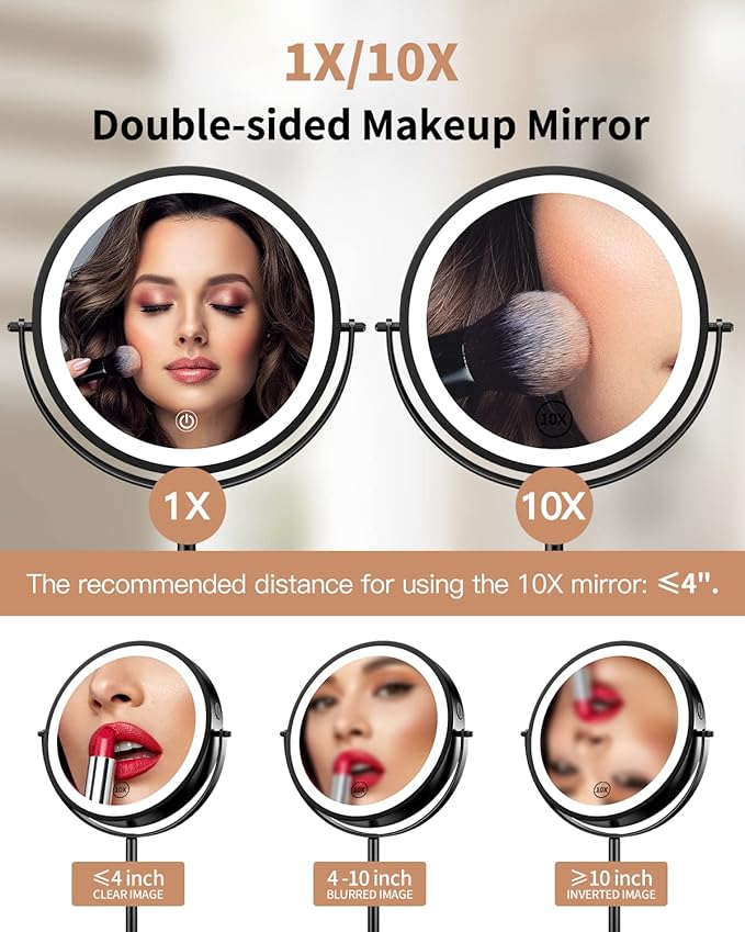Gospire 8" Lighted Makeup Mirror with Magnification 10X/1X, 3 Color Lights & Dimmable Lighting, 360° Rotation Double Sided Rechargeable Cordless Vanity Cosmetic Standing LED Mirror for Makeup