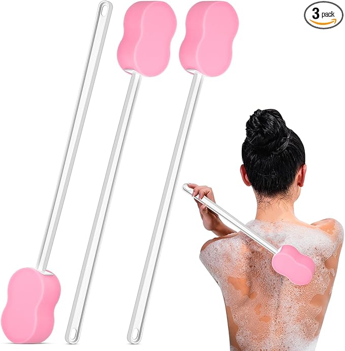 3 Pcs Long Handle Bath Sponge 22.4'' Back Sponge on a Stick Lightweight Back Washer Handled Butt Scrubber Shower Brush for Foot Body Cleaning Bathing Limited Motion(Pink)