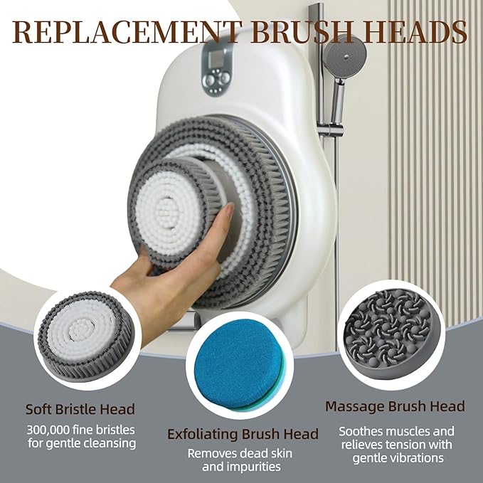 Wall Mounted Back Scrubber for Shower, Electric Exfoliating Brush with 7in Brush Head, 360Β° Automatic Rota-Tion, High/Low Gear, Body Scrubber for Shower, Deep Cleansing & Back Massage
