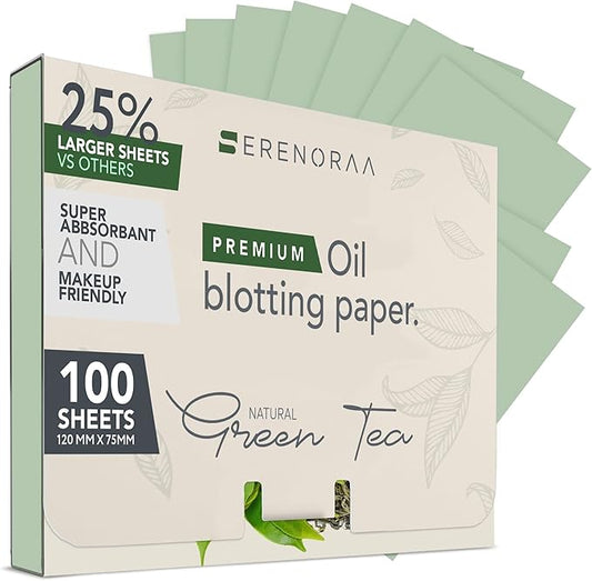 Premium Natural Green Tea Oil Blotting Sheets for Face - 1x100 Sheets with Extra Large 5x3" Thick Blotting Paper for Oily Skin - Dispensable Portable Pack - Reduce Skin Acne - Makeup Friendly