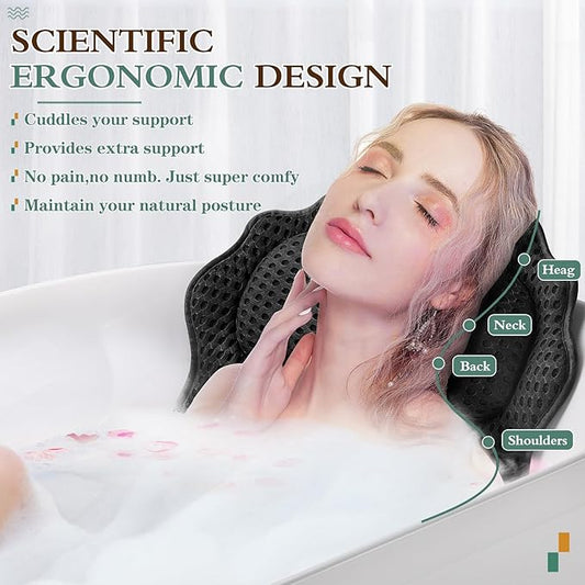 Bath Pillow RUVINCE Ergonomic Luxury Bathtub Pillow with Head,Neck, Shoulder and Back Support, 4D Bath Pillows for tub with 6 Powerful Suction Cups, Fits All Bathtub, Spa Tub, Hot Jacuzzi (Black)