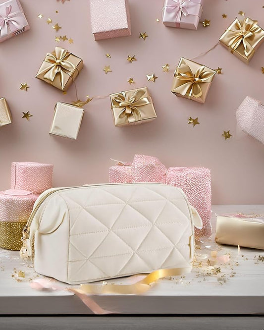 BAGSMART Makeup Bag Travel Cosmetic Bag, Puffy Padded Make Up Bags for Women Makeup Organizer Case, Wide-open Pouch Purse Travel Essentials Toiletries Accessories Brushes, (Beige)