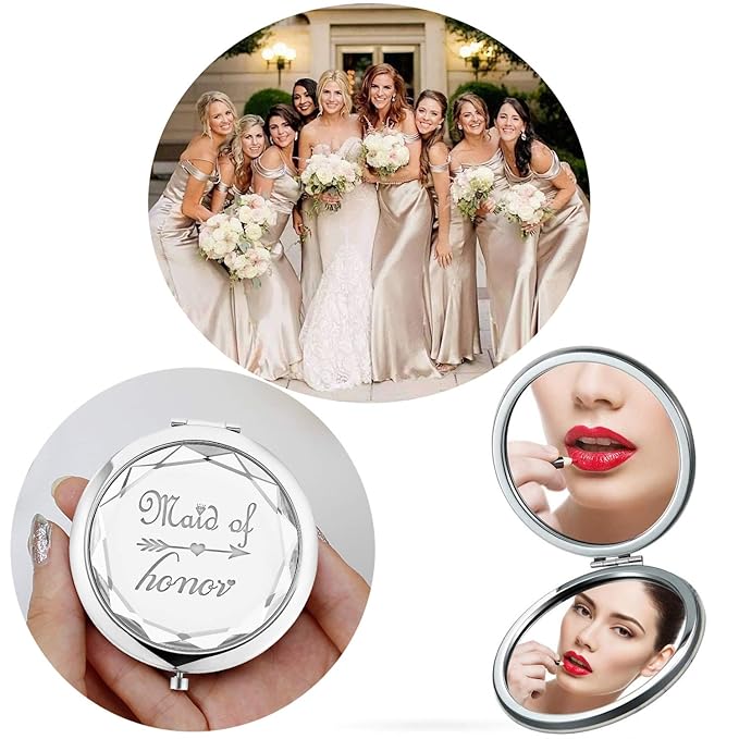 2 Pack Bridesmaid Proposal Gifts,1 Maid of Honor mirror 1 Matron of Honor mirror,Crystal Pocket Compact Makeup Mirror Wedding Bridesmaid Gifts Bachelorette Party Gifts for Bride (silver)