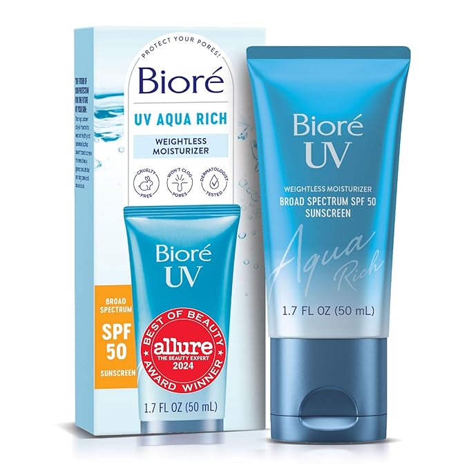 BiorΓ© UV Aqua Rich Daily Hydrating Facial Moisturizer with SPF 50 | Oil Free Sunscreen & Primer for Makeup with Hyaluronic Acid, No White Cast, Non-Comedogenic, For Sensitive Skin, PA++++, 1.7 Oz