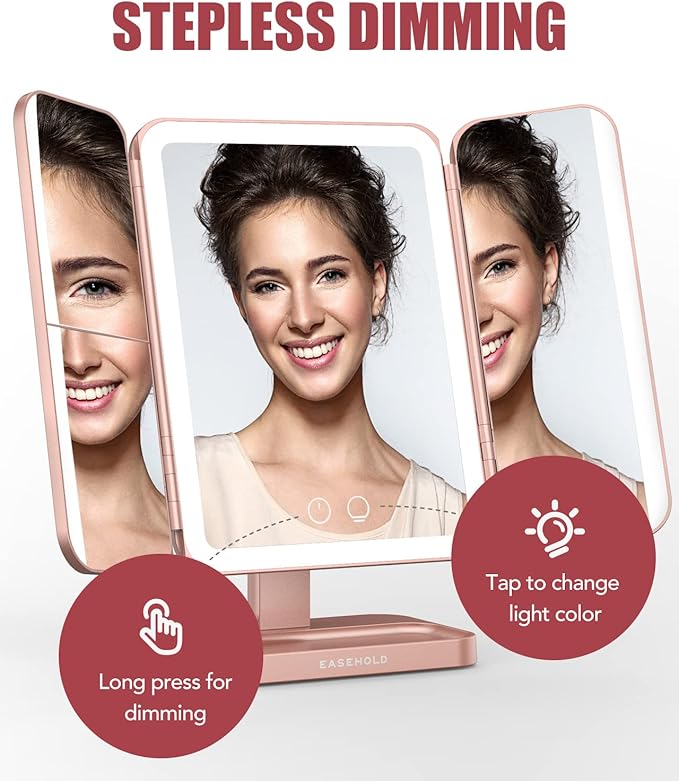 EASEHOLD Rechargable Makeup Mirror Vanity Mirror with Lights, 5000Mah & USB Cable, 112 LEDs Lighted Trifold Mirror with 1X 2X 3X 10X Magnification, Smart Touch, Portable Cosmetic Beauty Mirror