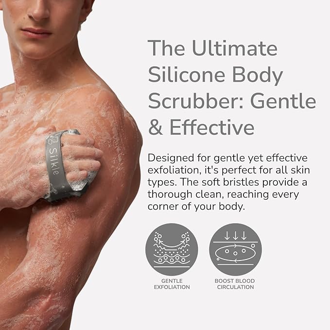Silicone Body Scrubber (Gray) & 2-Pack Face Scrubber (Blue) - Exfoliating Body Brush for Shower & Skin Cleanser - Gentle Double-Sided Facial Cleansing Brushes - Complete Skincare Set