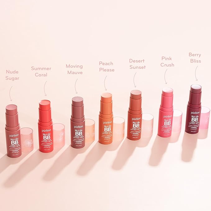 pรผrlisse Blush Glow Lip and Cheek Tint - Blush Stick for Cheeks and Lips with Vitamin E & Hyaluronic Acid - Hydrating & Buildable 2-in-1 Cream Blush Stick - Summer Coral (.28 oz)