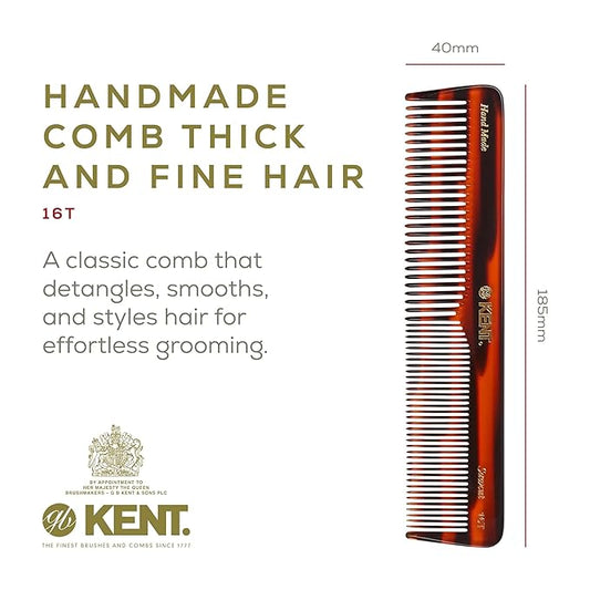 Kent 16T Fine Tooth and Wide Tooth Comb for Daily Grooming, Handmade Styling Comb for All Hair Types, Styling and Detangling Combs for Men and Women