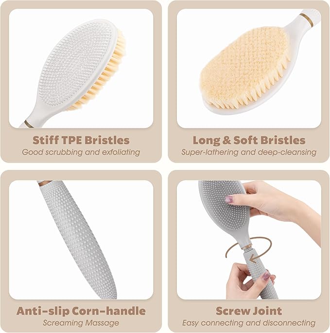 New Back Scrubber Anti-Slip for Shower, 18.9‘’ Corn-Handle Shower Back Scrubber with Dual-Side Head & Soft Bristles, Adjustable Shower Brush Bath Brush for Lathering & Cleansing(Gray-L)