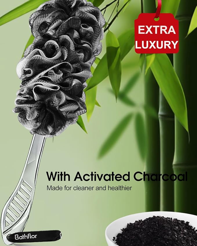 Loofah Sponge Exfoliating Body Scrubber,Loofahs with Handle: 2PCS Long Handle Loofa Back Scrubber, 1PCS Luffa Hook, Charcoal Loofah Pack for Women Men Bath Wash, Black and Blue