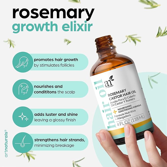 ArtNaturals Organic Rosemary & Castor Hair Growth Oil + Scalp Massager Set β Hair Styling Oils for Dry, Itchy Scalp, Thickening & Hydration - Scalp Oil Products For Damaged Hair & Split Ends β 4.0 oz