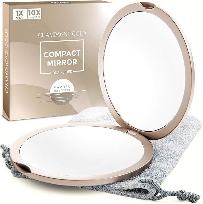 Magnifying Compact Mirror for Purses, 1x/10x Magnification – Double Sided Travel Makeup Mirror, 4 Inch Small Pocket or Purse Mirror. Distortion Free Folding Portable Compact Mirrors (Champagne Gold)