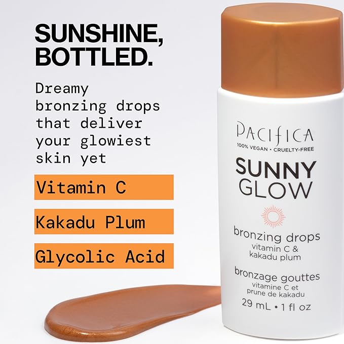 Pacifica Sunny Glow Liquid Face Bronzer Drops - Face Makeup Bronzing For Face & Cheeks for Instant Sun-Kissed Glow - Vitamin C & Glycolic Acid Infused Liquid Bronzer Illuminating Highlighting Clean