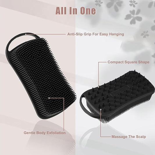 VOCOSTE Silicone Body Scrubber, 2 in 1 Body Brush Hair Scalp Massager, Soft Body Scrubbers for Use in Shower, Lathers Well Exfoliating Body Scrubber for All Skin Types, Black
