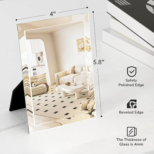 Fun Memories 4x5.8 Inch Frameless Mirror β Portable Travel Mirror with Bracket, Wall Hanging & Desk Stand, Compatible with Makeup Vanities