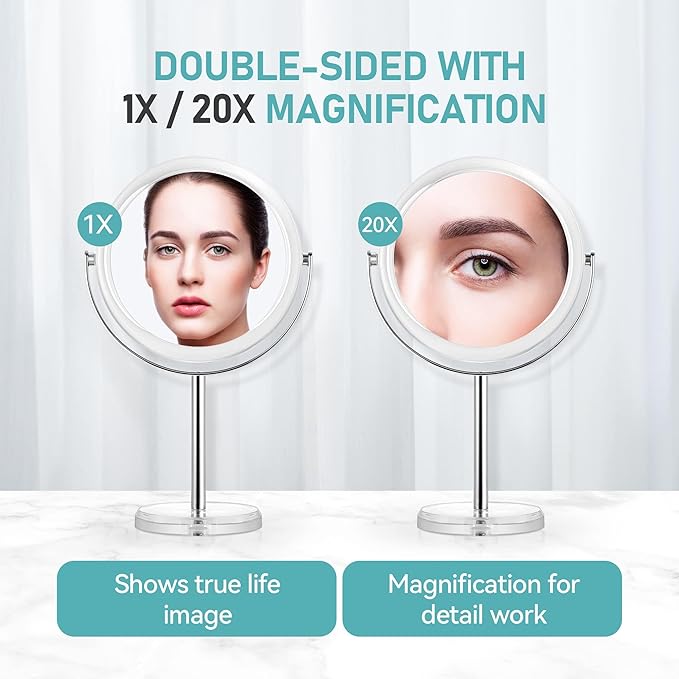 MIYADIVA 20X Magnifying Makeup Mirror,Double Sided 1X & 20X Magnifying Mirror with Stand,Tabletop Magnified Vanity Mirror with 360Β°Rotation for Bathroom or Bedroom 7.8 Inch