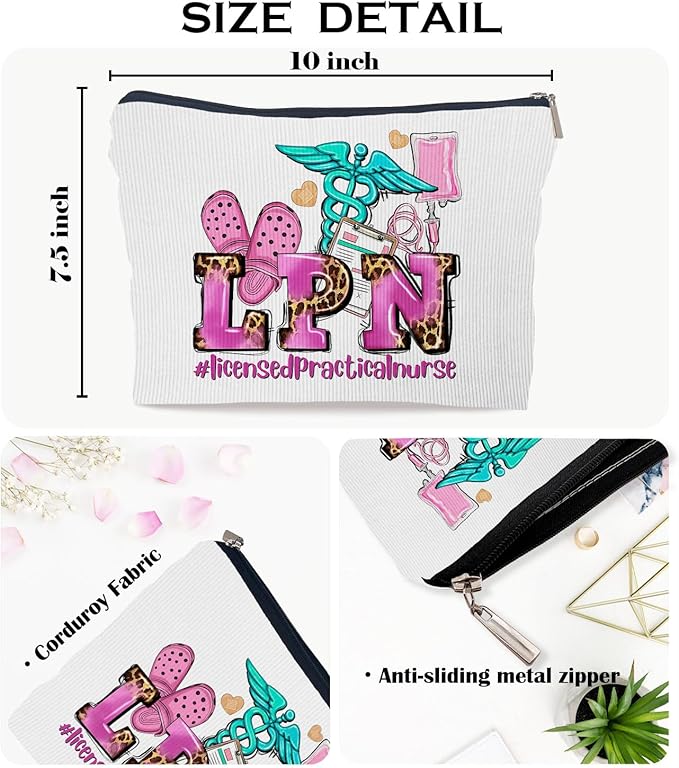 Ayxvt LPN Licensed Practical Nurse Corduroy Cosmetic Bag,Retro Gorgeous Pink Leopard Clipart Decorative Makeup Bag Zipper Pouch Toiletry,Nurse's Day Nurse Graduation Gifts for Women GirlsοΌCorduroyοΌ
