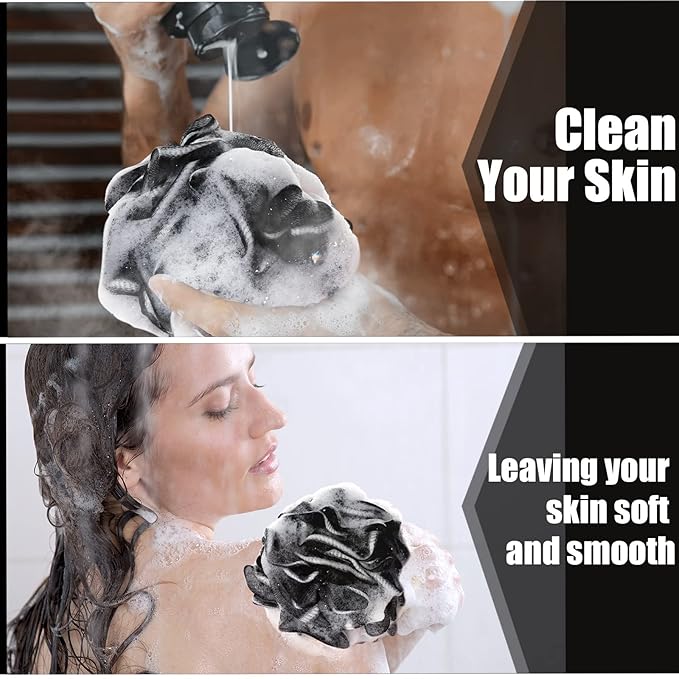Shellwei 32 Pcs Bath Sponge Shower Loofahs Bulk 60 g Charcoal Body Shower Sponge Large Mesh Puff Soft Scrubber for Men and Women Exfoliating Pouf Balls with Bathing Accessories(Black White)