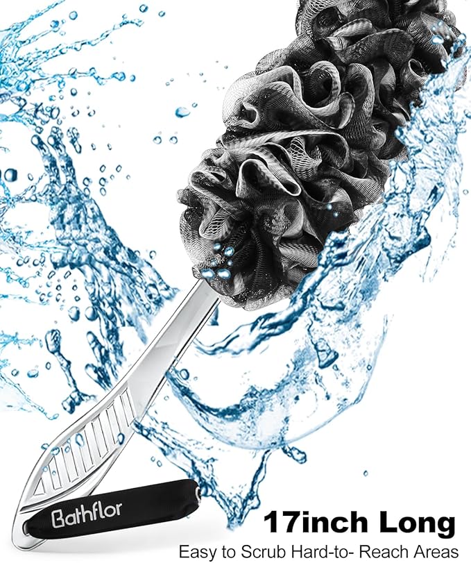 Loofah Sponge, 80g Loofahs for Men Women, 5-in-1 Large Shower Loofah Exfoliating Body Scrubber, 2 Bath Sponge Loofa Packs, 2 Loofah with Handle Body Wash Back Scrubber, 1 Luffa Hook, Black