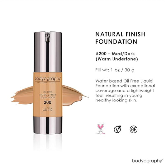 BODYOGRAPHY - NATURAL FINISH Foundation (Med/Dark#200): Oil-Free Anti-Aging Salon Natural Finish w/ Vitamin E, C, Antioxidants | Vegan, Gluten-Free, Paraben-Free
