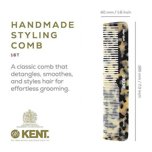 Kent 16T TW Fine Tooth and Wide Tooth Comb for Daily Grooming, Handmade Styling Comb for All Hair Types, Styling and Detangling Combs for Men and Women