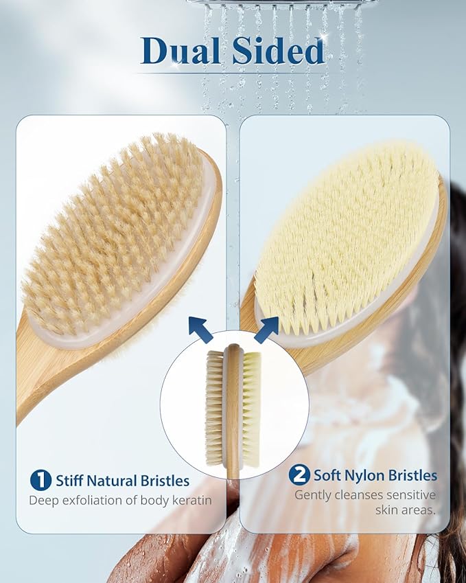 POPCHOSE Back Scrubber for Shower, Long Handle Soft and Stiff Bristles Shower Brush, Dry Brushing & Wet Exfoliation for Shower, Durable Bath Brush for Body, Back Washer for Shower for Women & Men