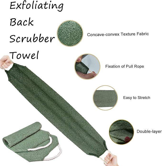 Scrubber Back for Shower Extended Length Scrubber Towel Exfoliating Washcloth Body Scrub Sponge Shower Loofah with Handle for Women Men Deep Clean Body Skin Massages (green2)