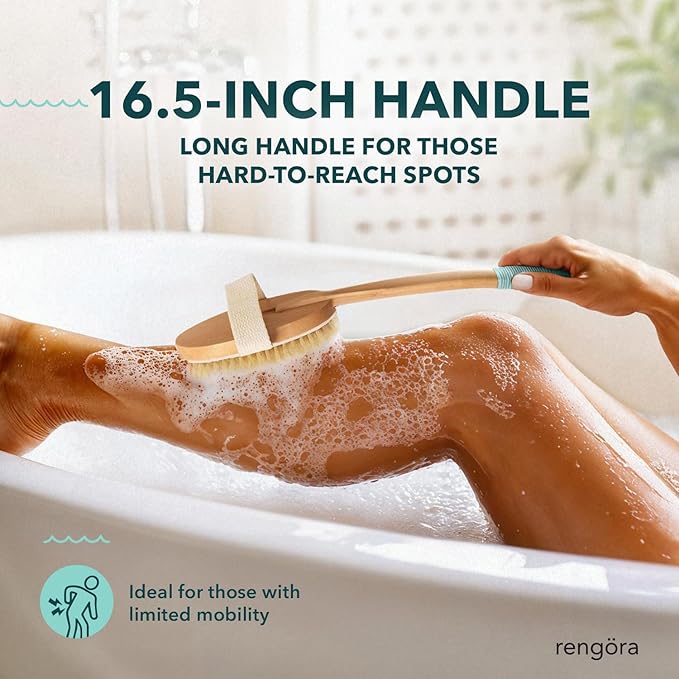Long Handled Back Scrubber for Shower 18"" Handle Boar Bristle Back Brush โ Wooden Bath Brush, Back Scrubbing Brush, Shower Brush, Body Scrub Brush, Bath Brush Long Handle for Shower by rengรถra