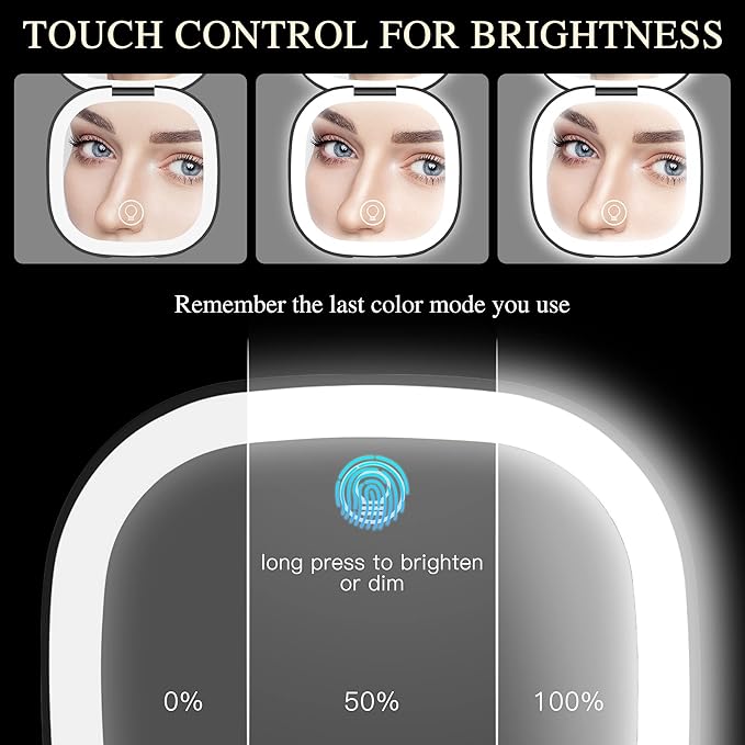 Compact Travel Makeup Mirror,1X/10X Magnifying Double Sided 3 Colours & Brightness Dimmable USB Rechargeable Touch Screen Portable LED Cosmetic Mirror for Travel/Purse/Office,Black
