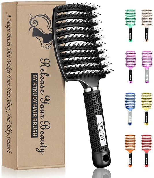 KTKUDY Detangling Brush Boar Bristles Hairbrush Make Hair Shiny & Healthier Curved and Vented Detangler Brush for Women Men Kids Wet & Dry Hair (Black)